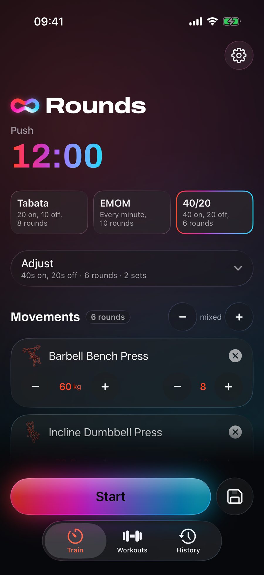 The Rounds setup screen: Tabata, EMOM and 40/20 presets, an Adjust row reading 40s on, 20s off over six rounds and two sets, and a movements list starting with barbell bench press at 60kg for eight.